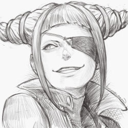 Rule 34 | 1girl, blunt bangs, collar, collarbone, crosshatching, eyepatch, greyscale, hair ornament, han juri, hatching (texture), kuroneco, looking to the side, monochrome, portrait, signature, simple background, smirk, solo, street fighter, tagme, teeth, white background