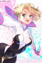Rule 34 | 1girl, :d, blonde hair, blue eyes, bodysuit, breasts, covered navel, gwen stacy, hong (white spider), looking at viewer, marvel, medium breasts, open mouth, outstretched arms, patreon username, short hair, smile, solo, spider-gwen, spider-man: across the spider-verse, spider-man: into the spider-verse, spider-man (series), spider-verse, teeth, upper teeth only