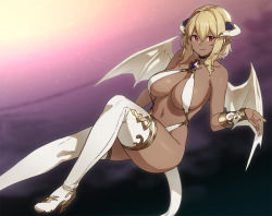 Rule 34 | 1girl, bare shoulders, blonde hair, boots, bracer, breasts, choker, cleavage, dark-skinned female, dark skin, demon girl, demon wings, hair between eyes, high heel boots, high heels, horns, houtengeki, large breasts, laura (houtengeki), looking at viewer, medium hair, navel, original, outstretched hand, pink eyes, pointy ears, red eyes, revealing clothes, sideboob, sidelocks, smile, solo, tail, thigh boots, thighhighs, v-shaped eyebrows, white footwear, wings