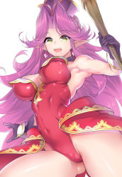 Rule 34 | 1girl, angela (seiken densetsu 3), bare shoulders, breasts, cleavage, covered navel, earrings, covered erect nipples, from below, gloves, green eyes, headgear, highres, jewelry, large breasts, leotard, long hair, open mouth, pointy ears, purple hair, red leotard, seiken densetsu, seiken densetsu 3, solo, staff