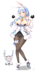 Rule 34 | 2girls, absurdres, animal ear fluff, animal ears, bare shoulders, bent back, between breasts, black gloves, black leotard, blue hair, blush, braid, braided ponytail, breasts, carrot, carrot hair ornament, cleavage, coat dress, collarbone, contrapposto, covered erect nipples, don-chan (usada pekora), embarrassed, food-themed hair ornament, full body, fur-trimmed gloves, fur scarf, fur trim, gloves, hair between eyes, hair ornament, hands up, highres, hololive, knees together feet apart, large breasts, leotard, leotard under clothes, long hair, mature female, mother and daughter, multicolored hair, multiple girls, open mouth, orange eyes, pantyhose, pekomama, pekomon (usada pekora), playboy bunny, rabbit-shaped pupils, rabbit ears, rabbit girl, short eyebrows, simple background, skindentation, smile, solo focus, syam illust, symbol-shaped pupils, thick eyebrows, thigh strap, twin braids, two-tone hair, usada pekora, virtual youtuber, white background, white footwear, white hair, wristband