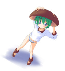 Rule 34 | 1girl, :3, ankle boots, blush, boots, bottomless, breadhat, child, dutch angle, food-themed clothes, full body, green hair, hat, no pants, panties, personification, purple eyes, shiitake-chan, shirt, short hair, simple background, solo, striped clothes, striped panties, uchida tomohiko, underwear