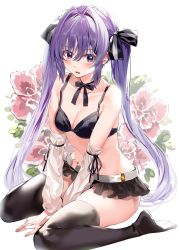 Rule 34 | 1girl, assault lily, bare shoulders, belt, between legs, black bow, black bowtie, black bra, black ribbon, black skirt, black thighhighs, blush, bow, bowtie, bra, breasts, cleavage, collarbone, commentary request, detached sleeves, fingernails, floral background, flower, frilled skirt, frills, hair between eyes, hair bow, hair intakes, hand between legs, highres, jewelry, long hair, long sleeves, looking at viewer, medium breasts, microskirt, no shirt, no shoes, orihi chihiro, parted lips, pink flower, purple eyes, purple hair, ribbon, ring, sejima hiromu, sitting, skirt, solo, striped, striped bow, thighhighs, twintails, two-tone bow, underwear, very long hair, wariza, white background, white belt, white bow, white sleeves