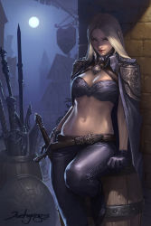 Rule 34 | 1girl, armor, barrel, bikini armor, black gloves, blonde hair, breasts, cleavage, cloak, concept art, copyright request, gloves, highres, jee-hyung lee, large breasts, long hair, midriff, moon, moonlight, navel, pants, parted bangs, sheath, sheathed, sitting, solo, sword, weapon