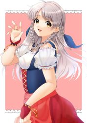 Rule 34 | 1girl, :d, adapted costume, alternate costume, alternate hairstyle, braid, dirndl, dress, fire emblem, fire emblem: radiant dawn, gau fe, german clothes, gloves, grey hair, hair ribbon, highres, long hair, looking at viewer, micaiah (fire emblem), nintendo, open mouth, red gloves, ribbon, short sleeves, simple background, smile, solo, tagme, twin braids, yellow eyes