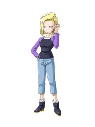 Rule 34 | 1girl, android 18, blonde hair, blue eyes, breasts, denim, dragon ball, dragon ball super, jeans, looking at viewer, official art, pants, smile