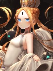 Rule 34 | 1girl, abigail williams (fate), abigail williams (swimsuit foreigner) (fate), abigail williams (swimsuit foreigner) (second ascension) (fate), bare shoulders, black background, blonde hair, blue eyes, blush, braid, braided bun, breasts, covered navel, creature, double bun, dress swimsuit, fate/grand order, fate (series), forehead, hair bun, hat, highres, long hair, looking at viewer, mitre, one-piece swimsuit, open mouth, parted bangs, sidelocks, small breasts, soramame pikuto, swimsuit, twintails, very long hair, white headwear, white one-piece swimsuit