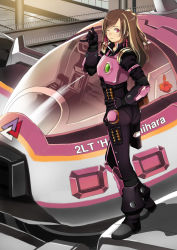 Rule 34 | 1girl, black gloves, borrowed character, brown hair, commentary, commission, english commentary, garimpeiro, gloves, hand on own hip, highres, long hair, looking back, m/, mecha, one eye closed, original, panties, panties under pantyhose, pantyhose, pilot suit, pink eyes, robot, underwear