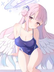 Rule 34 | 1girl, absurdres, angel wings, arm support, bare legs, blue archive, blue halo, blue one-piece swimsuit, blunt bangs, blush, breasts, cleavage, collarbone, commentary request, covered navel, dae (dog-of-maou), hair bun, hair ornament, halo, head tilt, highres, looking at viewer, mika (blue archive), one-piece swimsuit, open mouth, orange eyes, parted lips, pink hair, purple halo, sidelocks, simple background, single hair bun, sitting, solo, swimsuit, white background, wings