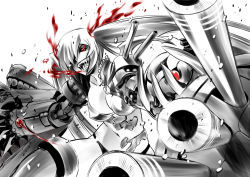 Rule 34 | 10s, 1girl, abyssal ship, bikini, breasts, breath weapon, breathing fire, claws, cleavage, collarbone, female focus, fire, highres, kantai collection, large breasts, long hair, mechanical arms, navel, open mouth, red eyes, saliva, senomoto hisashi, sharp teeth, solo, southern ocean war oni, spot color, swimsuit, teeth, turret, twintails, very long hair