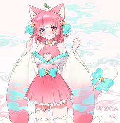 Rule 34 | 1girl, animal ears, belt, blue eyes, blue ribbon, blush, commission, commissioner upload, dress, garter straps, hair ornament, heterochromia, highres, ichi (ichimano), jewelry, kippokii, lace, lace-trimmed skirt, lace trim, long sleeves, looking at viewer, original, pink dress, pink hair, pink skirt, plant, red eyes, ribbon, ring, skeb commission, skirt, solo, standing, tail, tasuki, thighs, virtual youtuber, white legwear
