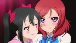 Rule 34 | 10s, 2girls, animated, animated gif, black hair, blush, bow, bowtie, collared shirt, embarrassed, closed eyes, female focus, friends, hair ribbon, laughing, looking at another, looking at viewer, love live!, love live! school idol project, lowres, multiple girls, naughty face, nishikino maki, otonokizaka school uniform, purple eyes, red eyes, red hair, ribbon, school uniform, shirt, short hair, smile, talking, twintails, upper body, yazawa nico
