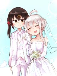 Rule 34 | 2girls, :d, ^ ^, absurdres, ahoge, arm hug, aya rato, bare shoulders, bouquet, bridal veil, bride, brown eyes, brown hair, closed eyes, commentary, couple, dress, elbow gloves, flower, formal, gloves, groom, hair between eyes, hair ornament, hair up, hairclip, happy, highres, holding, holding bouquet, incest, long hair, multiple girls, necktie, onii-chan wa oshimai!, open mouth, oyama mahiro, oyama mihari, pants, siblings, sidelocks, sisters, smile, strapless, strapless dress, suit, twintails, veil, wedding dress, white dress, white hair, white necktie, white pants, white suit, wife and wife, yuri