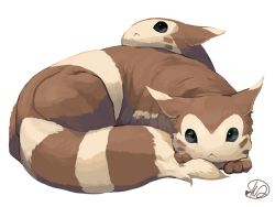 Rule 34 | :&lt;, absurdres, brown fur, closed mouth, commentary request, creatures (company), frown, furret, game freak, gen 2 pokemon, highres, looking at viewer, lying, nintendo, no humans, on stomach, pokemon, pokemon (creature), signature, white background, yunimaru