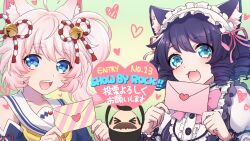 Rule 34 | 1boy, 2girls, animal ears, arisugawa maple, black hair, blue eyes, cat ears, cat girl, cyan (show by rock!!), envelope, fox ears, fox girl, holding, holding envelope, howan (show by rock!!), letter, long hair, looking at viewer, love letter, mel6969, multiple girls, open mouth, pink hair, show by rock!!, side ponytail, smile, translation request, wavy hair