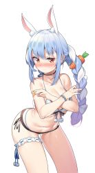 Rule 34 | 1girl, animal ear fluff, animal ears, armlet, bare shoulders, bikini, blue hair, blush, bracelet, braid, breasts, carrot hair ornament, cleavage, collarbone, contrapposto, covering privates, covering chest, cowboy shot, embarrassed, eyebrows, food-themed hair ornament, hair ornament, halterneck, highres, hikimayu, hololive, hop3, jewelry, leaning forward, long hair, looking at viewer, medium breasts, multi-strapped bikini, multicolored hair, narrow waist, navel, rabbit ears, rabbit girl, side-tie bikini bottom, simple background, skindentation, solo, stomach, swimsuit, thigh strap, twin braids, two-tone hair, usada pekora, virtual youtuber, white background, white bikini, white hair, yellow eyes