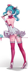 Rule 34 | 1girl, absurdres, backless dress, backless outfit, black ribbon, blue eyes, blue hair, card, detached sleeves, dress, from behind, garter straps, grin, hair ornament, hair ribbon, hatsune miku, heart, heart-shaped pupils, heart hair ornament, high heels, highres, holding, holding card, leaning forward, long hair, nail polish, pleated dress, pumps, r/h, red nails, red thighhighs, ribbon, short dress, shoulder blades, sleeveless, sleeveless dress, smile, solo, standing, swept bangs, symbol-shaped pupils, thighhighs, twintails, vocaloid, white dress, white footwear, white sleeves