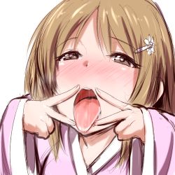 Rule 34 | 10s, 1girl, blush, clearite, idolmaster, idolmaster cinderella girls, imminent fellatio, lowres, mimura kanako, open mouth, oral invitation, simple background, solo, tongue, tongue out, waiting, white background