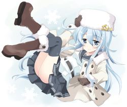 Rule 34 | 1girl, anchor symbol, bad id, bad twitter id, black sailor collar, black skirt, black thighhighs, blue eyes, boots, brown footwear, coat, commentary request, full body, fur-trimmed boots, fur-trimmed coat, fur hat, fur trim, hammer and sickle, hat, hibiki (kancolle), highres, hizuki yayoi, kantai collection, long hair, looking at viewer, miniskirt, papakha, pleated skirt, sailor collar, school uniform, serafuku, silver hair, skirt, solo, thighhighs, verniy (kancolle), white coat, white hat
