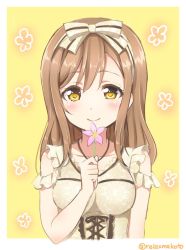 Rule 34 | 1girl, blush, bow, brown hair, clothing cutout, collarbone, commentary request, cross-laced clothes, flower, frilled sleeves, frills, hair bow, holding, holding flower, kunikida hanamaru, long hair, looking at viewer, love live!, love live! sunshine!!, pink flower, sakurai makoto (custom size), shoulder cutout, smile, solo, striped, striped bow, torikoriko please!!, twitter username, upper body, yellow background, yellow eyes