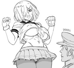 Rule 34 | 1boy, 1girl, abs, admiral (kancolle), bad id, bb (baalbuddy), breasts, covered erect nipples, cowboy shot, cropped shirt, english text, gloves, greyscale, groin, hair ornament, hair over one eye, hairclip, hamakaze (kancolle), hands up, hat, highres, inactive account, kantai collection, large breasts, miniskirt, monochrome, navel, neckerchief, one eye covered, open mouth, panties, pantyhose, pantyshot, peaked cap, pleated skirt, school uniform, serafuku, short hair, short sleeves, simple background, skirt, smile, solo focus, standing, sweatdrop, thigh gap, toned, underboob, underwear, upshirt, upskirt, white background