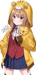 Rule 34 | 1girl, 2022, absurdres, aisaka taiga, animal, animal hood, black ribbon, black thighhighs, blazer, blue sky, blush, brown eyes, brown hair, buttons, cat, chinese zodiac, closed mouth, commentary, double-breasted, dress shirt, hand in pocket, highres, holding, holding animal, hood, hood up, hooded jacket, jacket, light frown, long hair, long sleeves, looking at viewer, miniskirt, neck ribbon, oohashi high school uniform, open clothes, open jacket, pleated skirt, red jacket, ribbon, school uniform, shirt, simple background, skirt, sky, sleeves past fingers, sleeves past wrists, solo, standing, thighhighs, tiger hood, toradora!, v-shaped eyes, white background, white shirt, wing collar, year of the tiger, yellow jacket, yuteke key
