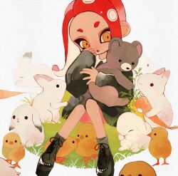Rule 34 | 1girl, animal, bear, bird, black footwear, black sweater, boots, chick, closed eyes, commentary, cross-laced footwear, highres, holding, holding animal, li04r, long hair, nintendo, octoling, octoling girl, octoling player character, open mouth, rabbit, red hair, short eyebrows, simple background, sitting, sleeves past wrists, solid circle eyes, splatoon (series), sweater, tentacle hair, thick eyebrows, white background, white fur, yellow eyes