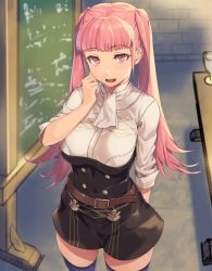 Rule 34 | 1girl, belt, belt buckle, black thighhighs, breasts, buckle, chalkboard, cup, desk, female focus, fire emblem, fire emblem: three houses, garreg mach monastery uniform, hand on own cheek, hand on own face, hand up, hilda valentine goneril, large breasts, long hair, looking at viewer, matching hair/eyes, nintendo, open mouth, pink eyes, pink hair, sajittari, school uniform, smile, solo, thighhighs, thighs, twintails, very long hair, zettai ryouiki