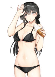 Rule 34 | 1girl, bikini, black bikini, black eyes, black hair, breasts, cleavage, commentary request, cowboy shot, food, groin, ice cream, kurata rine, long hair, looking at viewer, low twintails, medium breasts, navel, original, simple background, solo, standing, swimsuit, twintails, white background
