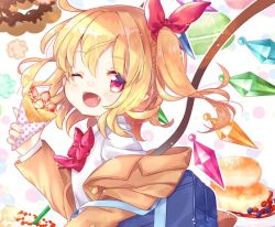 Rule 34 | 1girl, ;d, alternate costume, blonde hair, bow, bowtie, brown jacket, bubble background, commentary request, crepe, doughnut, eyes visible through hair, fang, fingernails, flandre scarlet, food, fruit, gem, hair ribbon, holding, holding food, jacket, long fingernails, long sleeves, looking at viewer, medium hair, mimi (mimi puru), one eye closed, one side up, open mouth, pancake, plaid, plaid bow, plaid bowtie, plaid neckwear, pon de ring, red bow, red bowtie, red eyes, red ribbon, ribbon, school uniform, shirt, smile, smoothie, solo, strawberry, sweets, tongue, touhou, upper body, white background, white shirt, wings