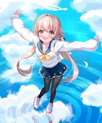 Rule 34 | 1girl, :d, absurdres, backpack, bag, black pantyhose, black skirt, blue archive, blue sky, brown hair, cloud, cloudy sky, commentary request, from above, hair between eyes, halo, hifumi (blue archive), highres, j.j (66752902), leaning forward, long hair, long sleeves, looking at viewer, looking up, low twintails, open mouth, outstretched arms, pantyhose, peroro (blue archive), pleated skirt, reflection, school uniform, serafuku, shoes, sidelocks, skirt, sky, smile, sneakers, solo, spread arms, twintails, wing hair ornament, yellow eyes