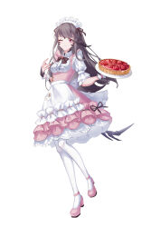 Rule 34 | 1girl, absurdres, apron, au ra, brown hair, dragon horns, dragon tail, dress, eyebrows hidden by hair, final fantasy, final fantasy xiv, food, frilled dress, frills, full body, hair ribbon, highres, holding, holding plate, horns, long hair, looking at viewer, maid, maid apron, maid headdress, mianyue qianyu, one eye closed, pantyhose, pie, pink dress, pink eyes, pink footwear, plate, ribbon, scales, scrunchie, solo, standing, standing on one leg, tail, warrior of light (ff14), white background, white pantyhose, wrist scrunchie