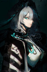 Rule 34 | 1girl, absurdres, aqua eyes, aqua wings, arknights, breasts, coat, dark background, dress, feathered wings, from side, grey hair, hair between eyes, head wings, highres, ho&#039;olheyak (arknights), infection monitor (arknights), large breasts, lemtun, light rays, light smile, long coat, long sleeves, looking at viewer, open clothes, open coat, parted lips, short hair, sidelocks, solo, sunbeam, sunlight, white dress, wings