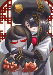 Rule 34 | 1girl, black hair, black hat, bracelet, breasts, bridal gauntlets, brown eyes, chinese clothes, doll, fate/grand order, fate (series), grin, hair over one eye, hat, highres, holding, holding doll, jewelry, ksfactory, long sleeves, looking at viewer, mole, mole under eye, robe, short hair, small breasts, smile, space xu fu (fate), white robe, xu fu (fate), yu mei-ren (fate)