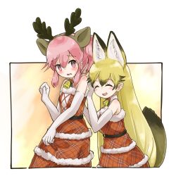 Rule 34 | 2girls, animal ears, bare shoulders, bell, neck bell, blush, brown hair, christmas, collar, commentary request, dress, elbow gloves, embarrassed, extra ears, ezo red fox (kemono friends), fake animal ears, fake antlers, fox ears, fox girl, fox tail, gloves, highres, iwa (iwafish), kemono friends, kemono friends 3, long hair, matching outfits, multiple girls, nana (kemono friends), orange hair, pink eyes, pink hair, plaid, plaid dress, ponytail, red dress, short hair, sleeveless, tail, white collar, white gloves