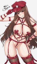 Rule 34 | 1girl, :p, absurdres, blush, breasts, brown eyes, brown hair, fate/extra, fate (series), garter straps, gloves, grey background, hand on headwear, hand on own hip, hat, highres, kishinami hakuno (female), kurone rinka, large breasts, long hair, looking at viewer, navel, pasties, peaked cap, red gloves, red hat, red thighhighs, shibari, signature, simple background, solo, standing, thighhighs, thighs, tongue, tongue out