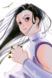 Rule 34 | &lt;o&gt; &lt;o&gt;, 1boy, bird, black eyes, black hair, detached sleeves, expressionless, hakulo, highres, holding, holding needle, hunter x hunter, illumi zoldyck, long hair, looking at viewer, male focus, needle, shirt, simple background, sleeveless, solo, upper body, white background, white shirt