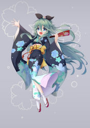 Rule 34 | 1girl, :d, absurdres, blue eyes, collarbone, commentary request, floral background, flower, green hair, grey background, hagoita, hair flower, hair ornament, hair ribbon, highres, holding, japanese clothes, kantai collection, kimono, long hair, looking at viewer, obi, open mouth, paddle, pixiv332210012, ribbon, sandals, sash, simple background, smile, socks, solo, white socks, yamakaze (kancolle), zouri