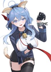 Rule 34 | 1girl, absurdres, ako (blue archive), animal ears, bell, black gloves, black thighhighs, blue archive, blue eyes, blue hair, blue jacket, blush, breasts, chain, cowboy shot, dog ears, dog tail, gloves, hair between eyes, highres, jacket, large breasts, long hair, long sleeves, looking at viewer, neck bell, open mouth, shirt, shortofsugar, sideboob, simple background, solo, tail, thighhighs, white background, white shirt
