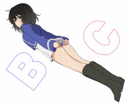 Rule 34 | 10s, 1girl, andou (girls und panzer), arms behind back, bc freedom military uniform, black footwear, black hair, blue jacket, blue vest, boots, covering privates, covering ass, dark skin, dark-skinned female, dutch angle, full body, girls und panzer, high-waist skirt, jacket, knee boots, letter, long sleeves, looking at viewer, looking back, miniskirt, short hair, simple background, skirt, skirt tug, solo, standing, vest, wata do chinkuru, white background, white skirt