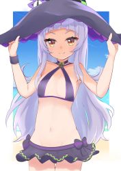 Rule 34 | 1girl, absurdres, bare shoulders, beach, bikini, bikini skirt, blue sky, blunt bangs, breasts, choker, closed mouth, cloud, commentary request, day, halterneck, hat, highres, hololive, kujou (vallls nerla), long hair, looking at viewer, murasaki shion, murasaki shion (hololive summer 2019), navel, ocean, official alternate costume, outdoors, purple bikini, purple choker, sand, shadow, sidelocks, silver hair, sky, small breasts, smile, solo, standing, stomach, sunlight, swimsuit, swimsuit skirt, very long hair, virtual youtuber, water, witch hat