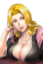 Rule 34 | 1girl, arm support, azasuke, black kimono, bleach, blonde hair, blue eyes, breasts, cleavage, female focus, head rest, head tilt, huge breasts, japanese clothes, jewelry, kimono, long hair, looking at viewer, matsumoto rangiku, mole, mole under mouth, necklace, parted lips, ring, ring necklace, simple background, solo, upper body, white background