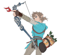 Rule 34 | 1boy, aiming, arrow (projectile), blonde hair, blue eyes, blue shirt, bow (weapon), gloves, gyou chin, highres, holding, holding bow (weapon), holding weapon, link, male focus, nintendo, shirt, short ponytail, strap, the legend of zelda, the legend of zelda: breath of the wild, weapon