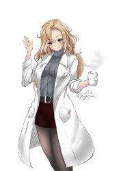 Rule 34 | 1girl, alternate costume, artist logo, black pantyhose, black skirt, blonde hair, breasts, commentary request, cup, grey eyes, grey sweater, highres, hornet (kancolle), kantai collection, kuga zankurou, lab coat, large breasts, long hair, mug, one-hour drawing challenge, pantyhose, pencil skirt, ribbed sweater, simple background, skirt, solo, sweater, twitter username, white background