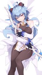 Rule 34 | 1girl, absurdres, ahoge, bare shoulders, bed, bell, black gloves, black pantyhose, blue hair, bow (weapon), breasts, detached sleeves, ganyu (genshin impact), genshin impact, gloves, gold trim, highres, holding, holding bow (weapon), holding weapon, horns, long hair, looking at viewer, lying, namiorii, neck bell, on back, paid reward available, pantyhose, polar star (genshin impact), sidelocks, solo, thighs, waist cape, weapon, white sleeves