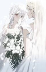Rule 34 | 2girls, bare shoulders, blonde hair, bouquet, closed mouth, collarbone, commentary, commission, cowboy shot, dress, english commentary, flower, frilled dress, frills, grey eyes, hair between eyes, holding, holding bouquet, jpeg artifacts, light smile, long hair, looking at viewer, multiple girls, original, petals, plant, profile, rose, sideways glance, skeb commission, standing, thank you, veil, wedding dress, white dress, white flower, white hair, white rose, white theme, youichi (45 01)