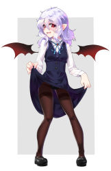 Rule 34 | 1girl, alternate costume, bat wings, black footwear, black panties, black pantyhose, black skirt, black vest, black wings, blue ribbon, blush, brooch, clothes lift, embarrassed, fang, full body, gala king, grey background, hair between eyes, highres, jewelry, lace, lace-trimmed panties, lace trim, lifting own clothes, light purple hair, long sleeves, looking at viewer, neck ribbon, panties, panties under pantyhose, pantyhose, pointy ears, red eyes, remilia scarlet, ribbon, shirt, shoes, skirt, skirt lift, skirt set, solo, standing, thighband pantyhose, touhou, two-tone background, underwear, vest, white background, white shirt, wings