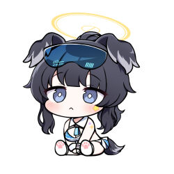 Rule 34 | 1girl, :&lt;, animal ears, bare shoulders, black hair, blue archive, blue eyes, blush, breasts, cheerleader, chibi, closed mouth, crop top, dog ears, dog girl, dog tail, goggles, goggles on head, halo, hibiki (blue archive), hibiki (cheer squad) (blue archive), long hair, looking at viewer, medium breasts, millennium cheerleader outfit (blue archive), official alternate costume, paw print, simple background, skirt, solo, star sticker, sticker on arm, sticker on face, sunglasses, tail, white background, yukki bunny
