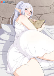 Rule 34 | 1girl, artist name, ass, bare shoulders, bed, book, come hither, earrings, elf, frieren, green eyes, highres, huge ass, jewelry, lips, long hair, looking at viewer, naughty face, nightgown, philipsmitheros, pointy ears, ponytail, seductive smile, sleeveless, smile, solo, sousou no frieren, thick eyebrows, thighs, white hair
