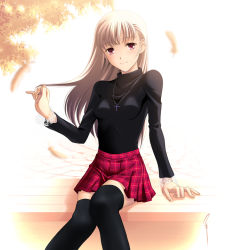Rule 34 | 1girl, aizawa kotarou, arm support, bench, black thighhighs, blonde hair, character request, cross, feathers, female focus, jewelry, leaf, long hair, nature, outdoors, pendant, plaid, plaid skirt, red eyes, sitting, skirt, solo, thighhighs, turtleneck, zettai ryouiki